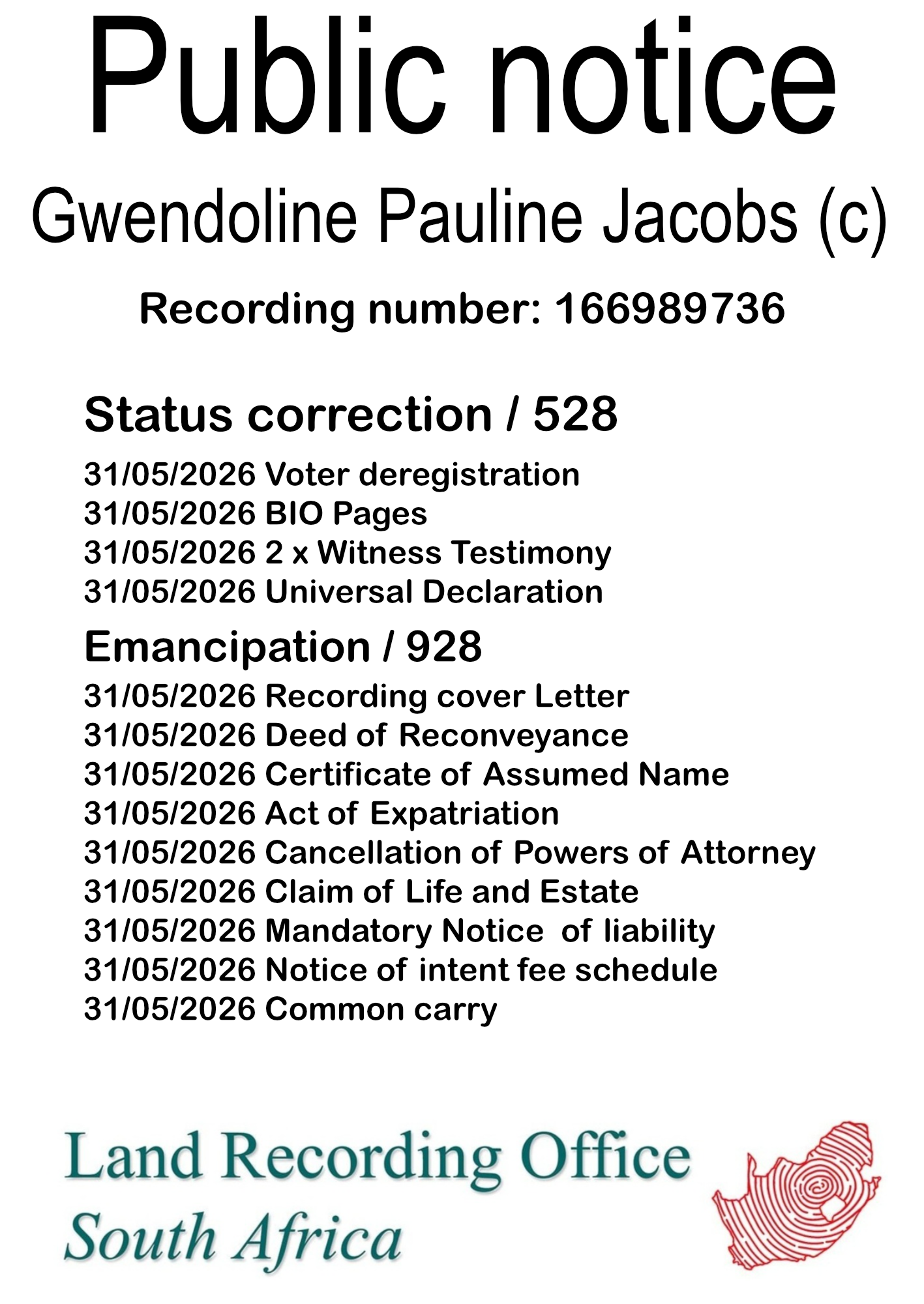 Public notice Gwendoline Pauline Jacobs (c) Recording number 166989736
